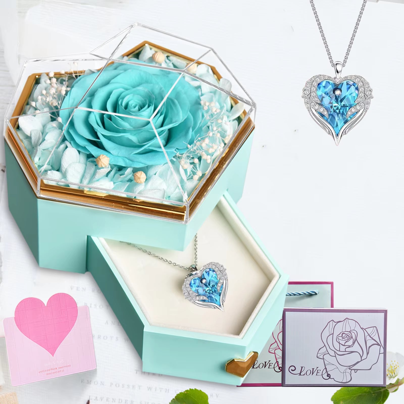 New Hot Selling Valentine'S Day Gift Ocean Heart Love Necklace with Eternal Rose Jewelry Box for Girl Mother Christmas Gifts