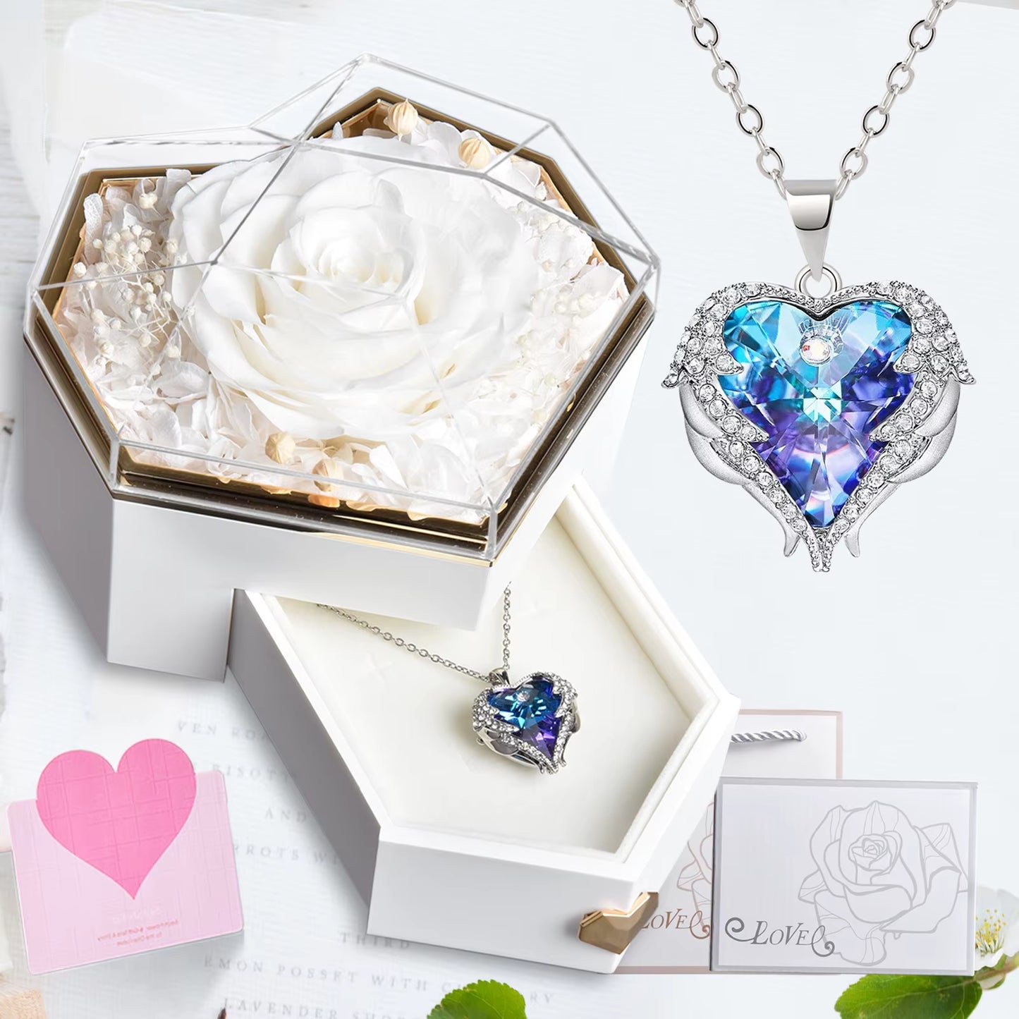 New Hot Selling Valentine'S Day Gift Ocean Heart Love Necklace with Eternal Rose Jewelry Box for Girl Mother Christmas Gifts