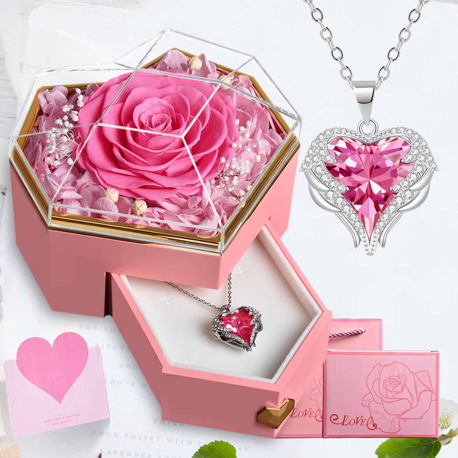 New Hot Selling Valentine'S Day Gift Ocean Heart Love Necklace with Eternal Rose Jewelry Box for Girl Mother Christmas Gifts