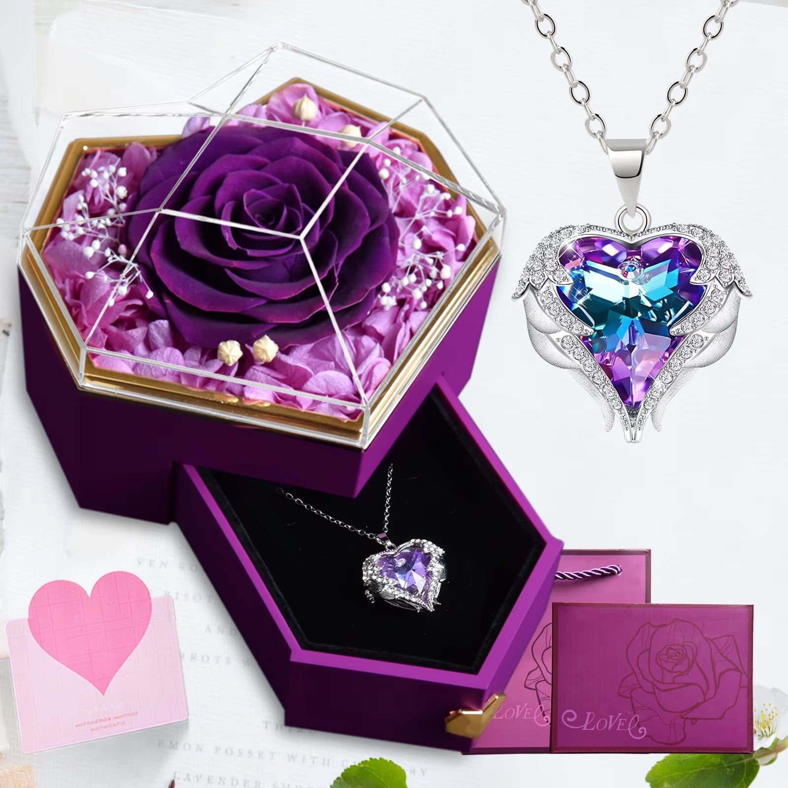 New Hot Selling Valentine'S Day Gift Ocean Heart Love Necklace with Eternal Rose Jewelry Box for Girl Mother Christmas Gifts